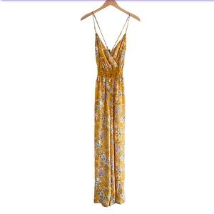 Papaya Women’s M Yellow Floral Jumpsuit Spaghetti Strap Crochet Cinch Waist
